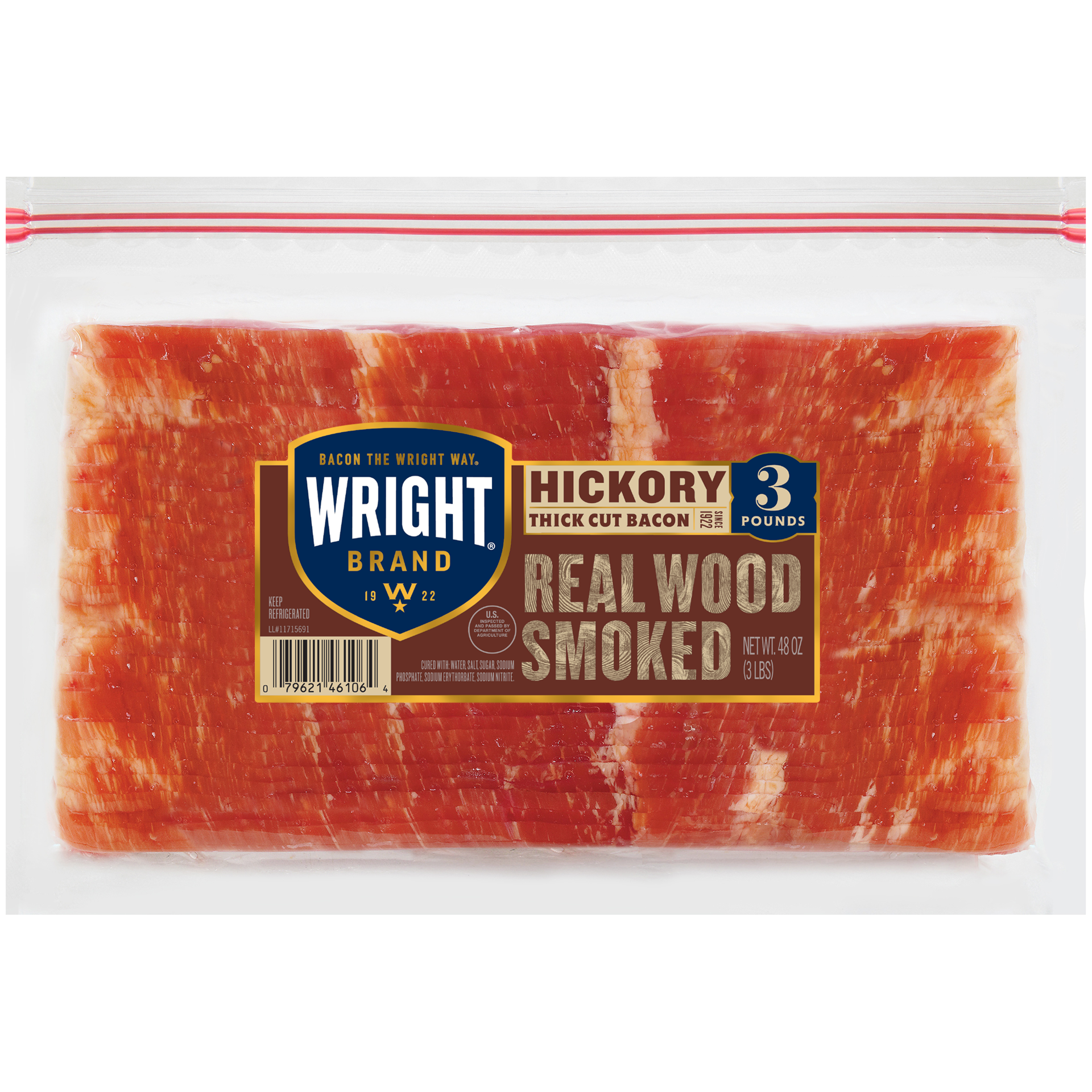 slide 1 of 5, Wright Brand Thick Cut Hickory Bacon, 3 lb, 1.36 kg