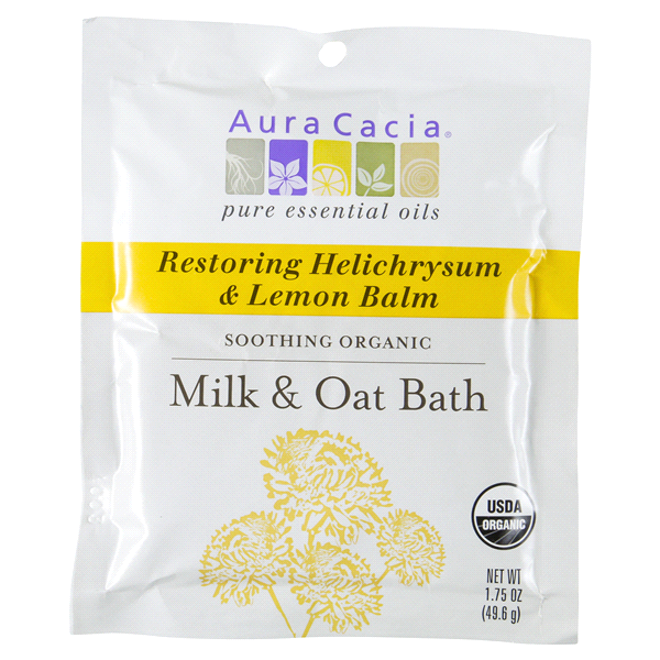 slide 1 of 1, Aura Cacia Organic Milk And Oat Bath Restoring Helichrysum And Lemon Balm, 1.75 oz