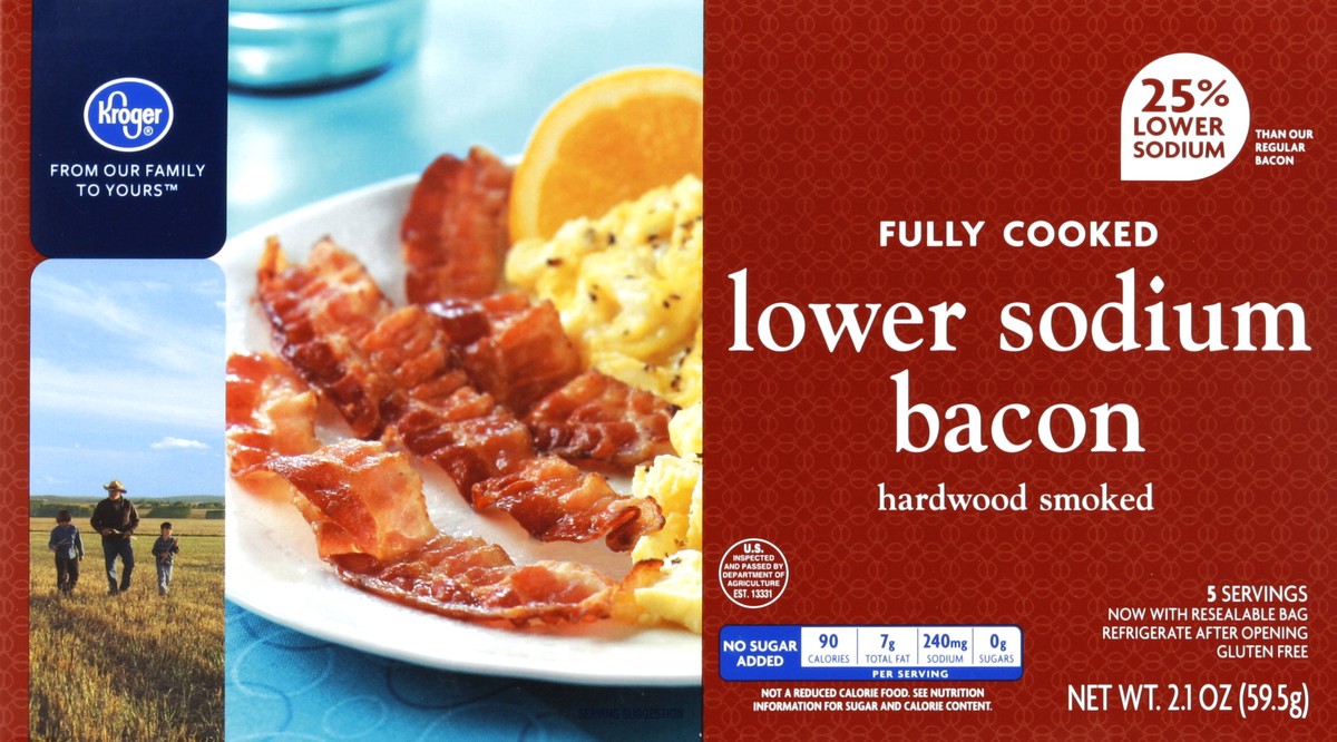 slide 1 of 4, Kroger Lower Sodium Fully Cooked Bacon, 2.1 oz