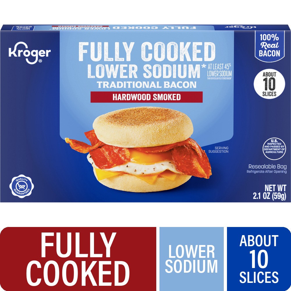 slide 1 of 5, Kroger Lower Sodium Fully Cooked Bacon, 2.1 oz