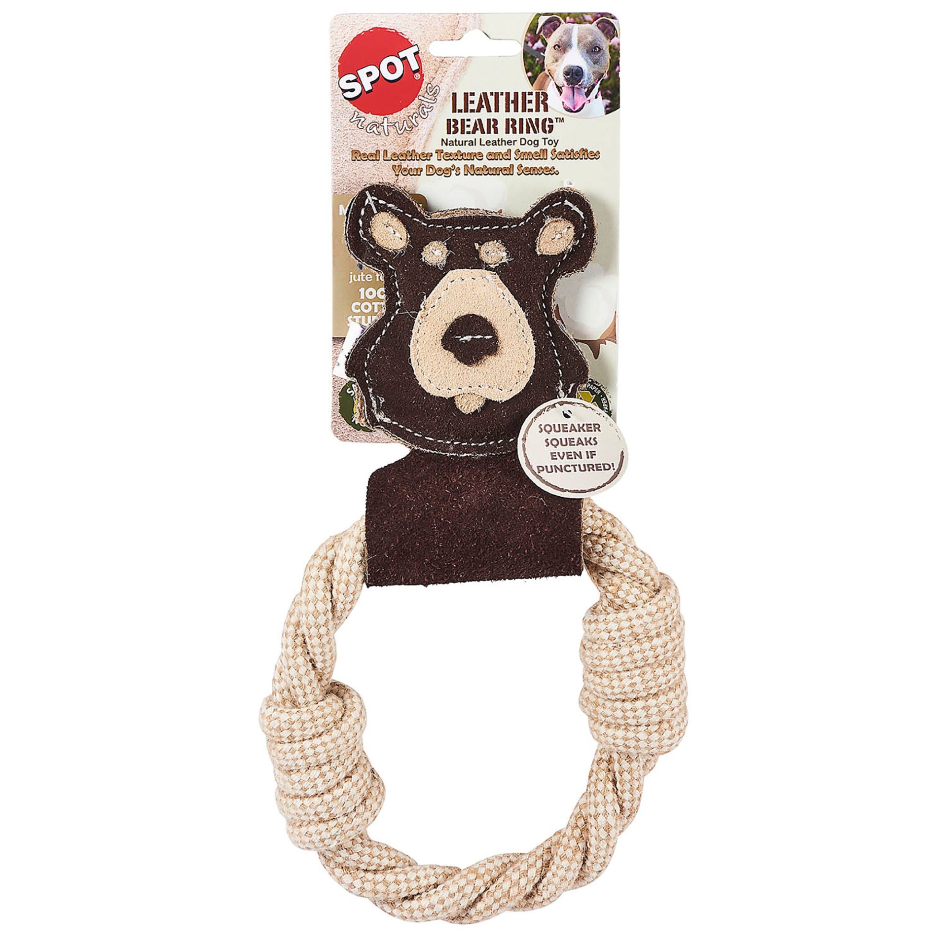 slide 1 of 1, Spot Naturals Leather Bear Ring Dog Chew Toy, LG