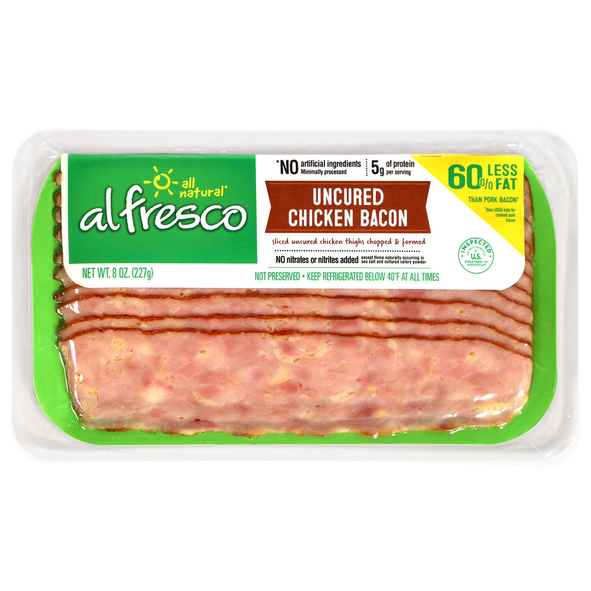 slide 1 of 2, Al Fresco Uncured Chicken Bacon, 8 oz