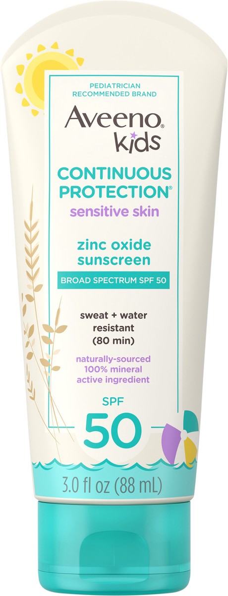 slide 4 of 7, Aveeno Kids Continuous Protection Zinc Oxide Mineral Sunscreen, Spf 50, 3 Oz, 3 oz