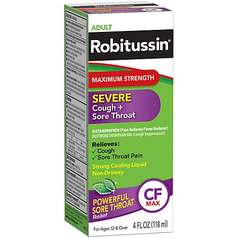 slide 1 of 1, Robitussin Max Strength Severe Cough Sore Throat Relief Cough Suppressant Acetaminophen, 4 fl oz