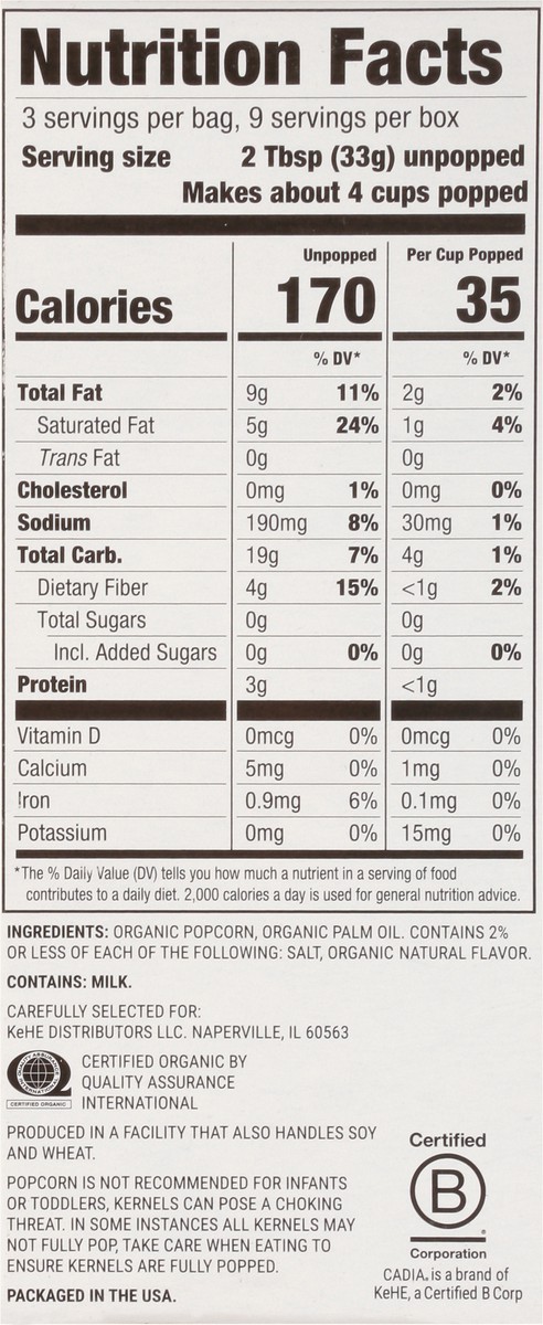 slide 12 of 15, Cadia Microwave Organic Lightly Salted Popcorn 3 - 3.3 Oz Bags, 3 ct