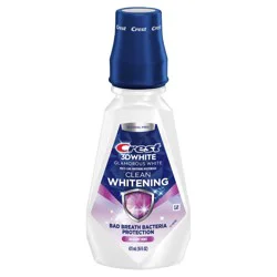 Crest Mouthwash 3D White Clean Whitening, Breath Protection, Prevents Surface Stains, Kills Millions of Bad Breath Germs, Alcohol-Free, Radiant Mint Flavor, 473 mL (16 fl oz)