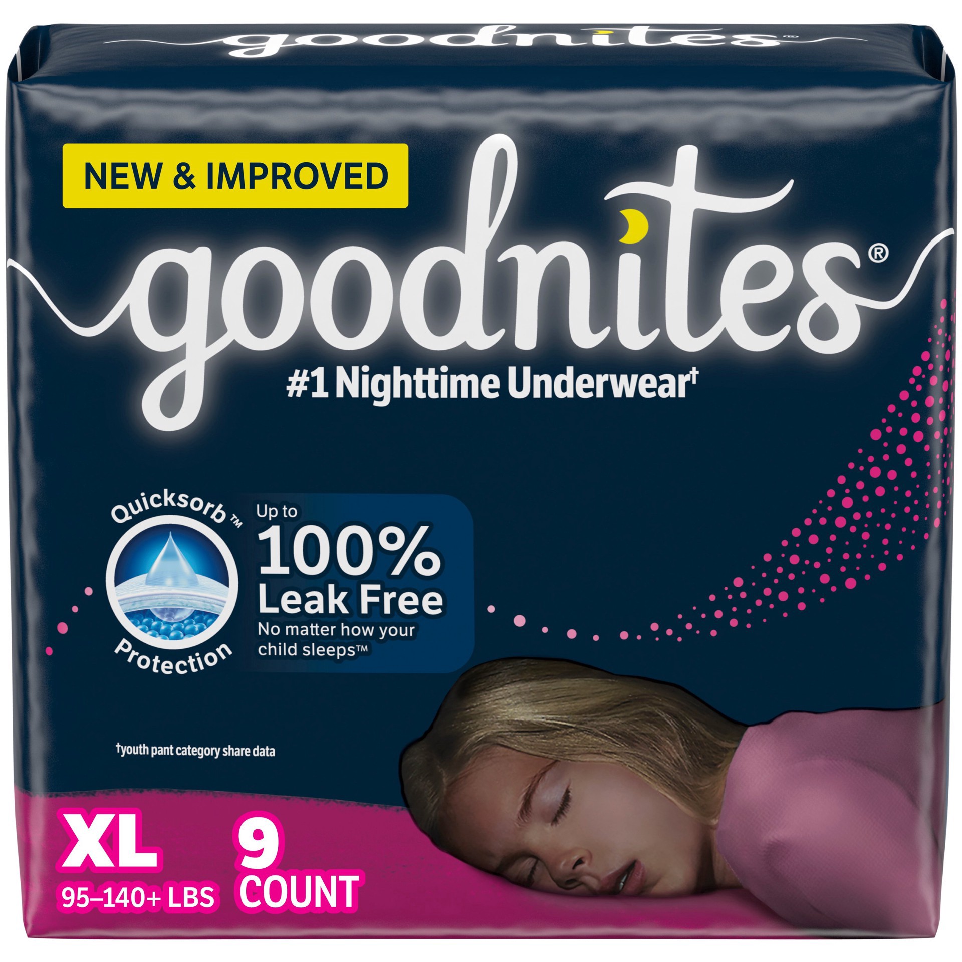 slide 1 of 1, Goodnites Girls' Nighttime Bedwetting Underwear, Size Extra Large (95-140+ lb.), 9 Ct, 9 ct