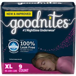 Goodnites Girls' Nighttime Bedwetting Underwear, Size Extra Large (95-140+ lb.), 9 Ct