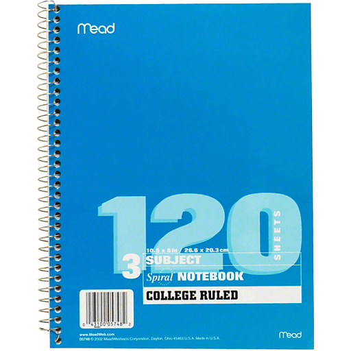 slide 1 of 1, Mead Spiral Notebook, 3 Subject, College Ruled, 120 ct