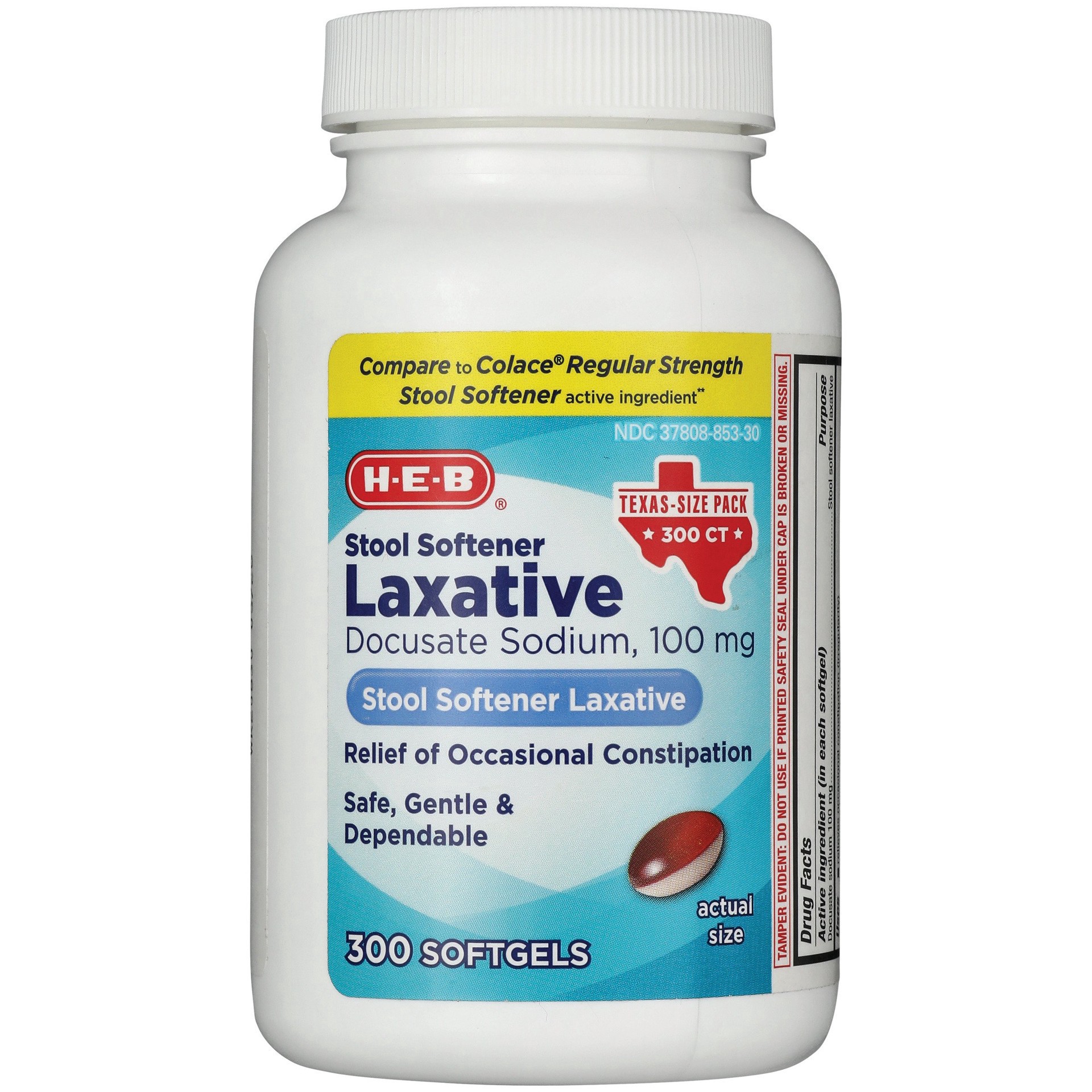slide 1 of 1, H-E-B Docusate Sodium Stool Softener Laxative Softgels - Texas-Size Pack, 300 ct