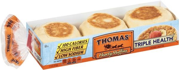 slide 1 of 1, Thomas' Hearty Triple Health English Muffins, 11 oz