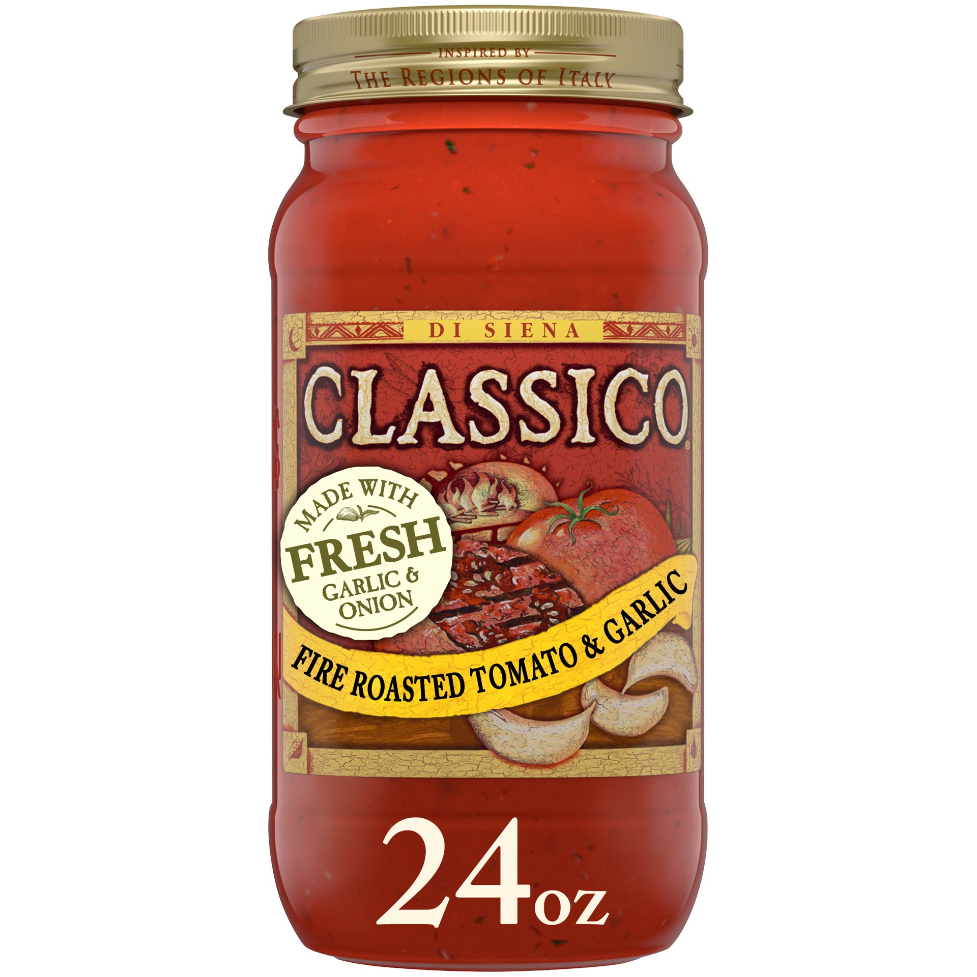 slide 1 of 14, Classico Fire Roasted Tomato & Garlic Pasta Sauce, 24 oz. Jar, 24 oz