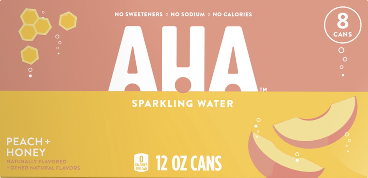 slide 3 of 3, AHA Sparkling Water, Peach Honey Flavored Water, 96 fl oz