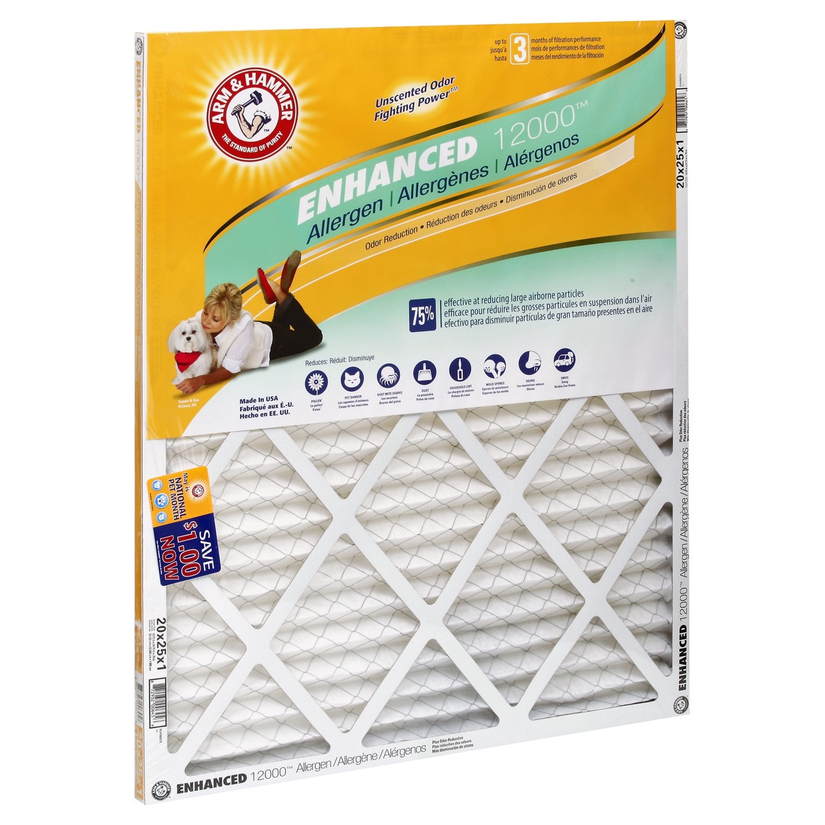slide 2 of 2, Arm & Hammer Enhanced Air Filter, 20x25x1, 20 in x 25 in x 1 in