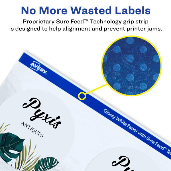 slide 6 of 8, Avery Print-To-The-Edge Labels, 22891, 3", Glossy White, 6 Labels Per Sheet, Pack Of 10 Sheets, 10 ct