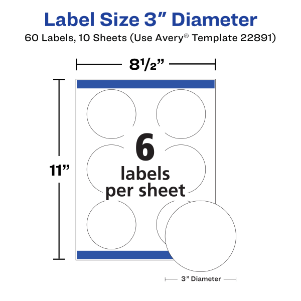 slide 2 of 8, Avery Print-To-The-Edge Labels, 22891, 3", Glossy White, 6 Labels Per Sheet, Pack Of 10 Sheets, 10 ct