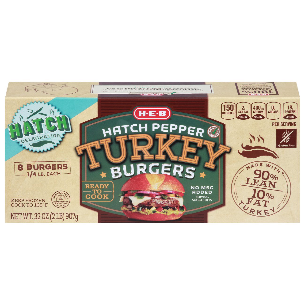 slide 1 of 1, H-E-B Frozen Hatch Chile Pepper Turkey Burger Patties, 90% Lean, 8 ct