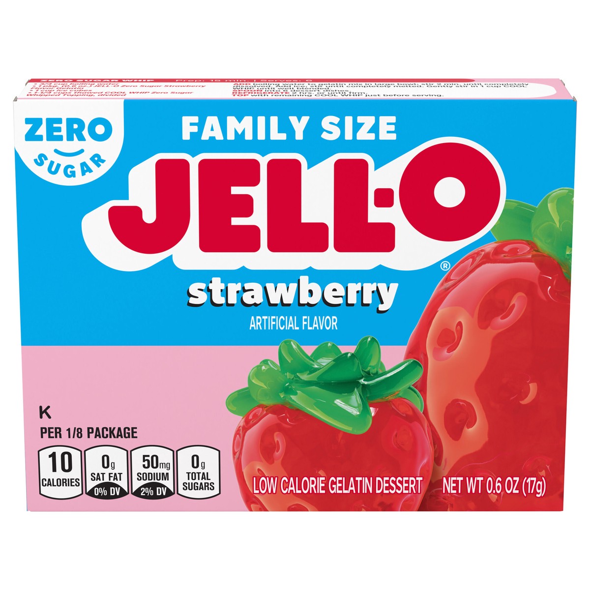 slide 1 of 5, Jell-O Strawberry Zero Sugar Low Calorie Gelatin Dessert Mix, Family Size, 0.6 oz Box, 0.6 oz