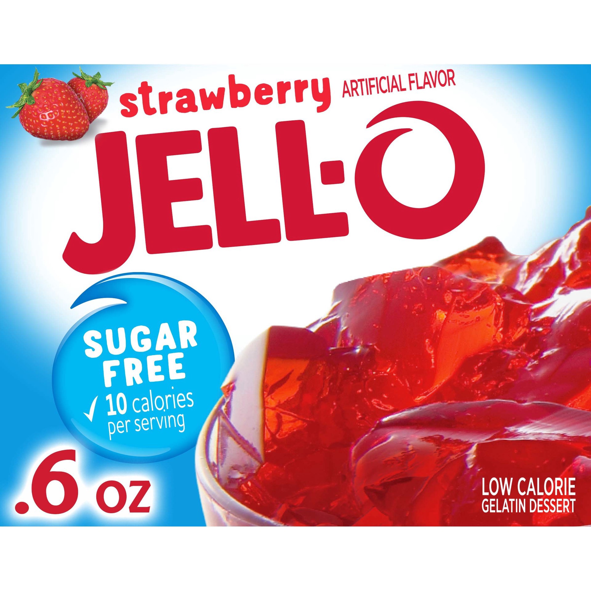 slide 1 of 5, Jell-O Strawberry Artificially Flavored Zero Sugar Low Calorie Gelatin Dessert Mix, Family Size, 0.6 oz Box, 