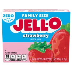 Jell-O Strawberry Zero Sugar Low Calorie Gelatin Dessert Mix, Family Size, 0.6 oz Box