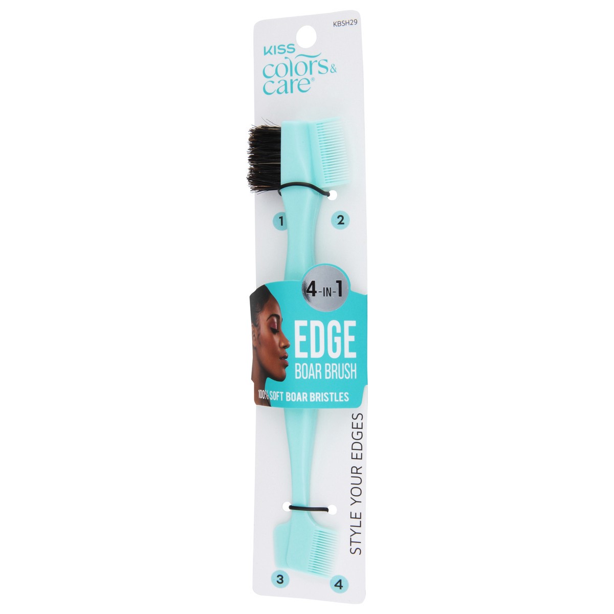 slide 3 of 9, KISS COLORS & CARE KISS Style Your Edges 4-in-1 Travel Size 7.125" Square 100% Boar Bristle Edge Hair Brush, Mint, 1 ct