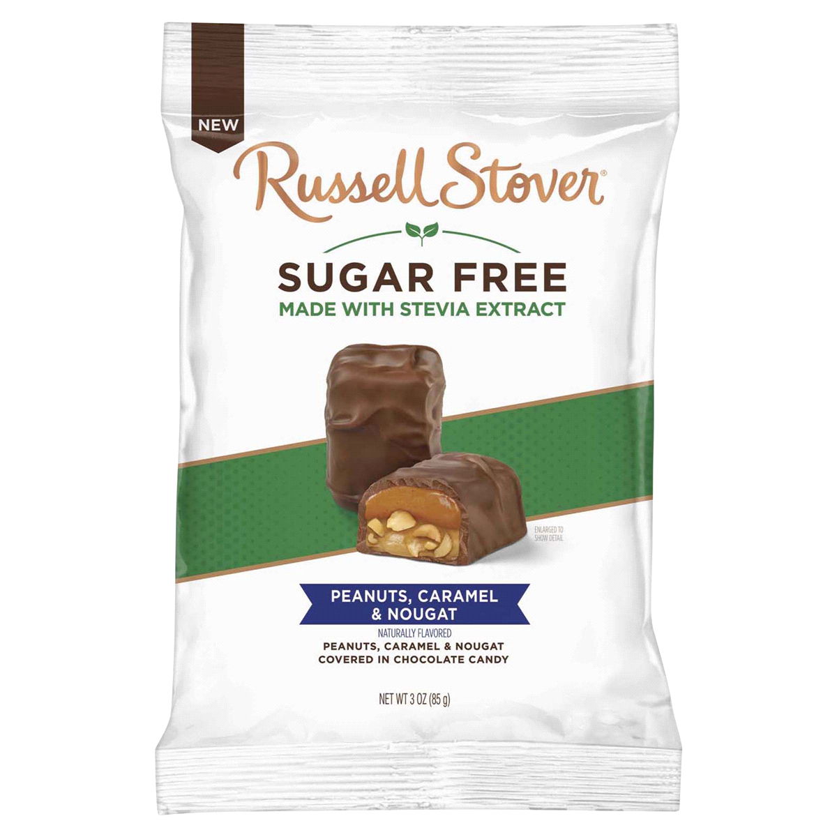 slide 1 of 1, RUSSELL STOVER Sugar Free Peanut, Caramel & Nougat Covered in Chocolate Candy, 3 oz. bag (≈ 5 pieces), 3 oz