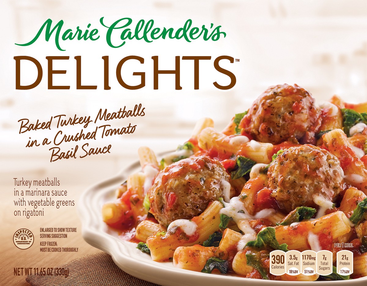 slide 1 of 2, Marie Callender's Delights Baked Turkey Meatballs in a Crushed Tomato Basil Sauce 11.65 oz, 11.65 oz