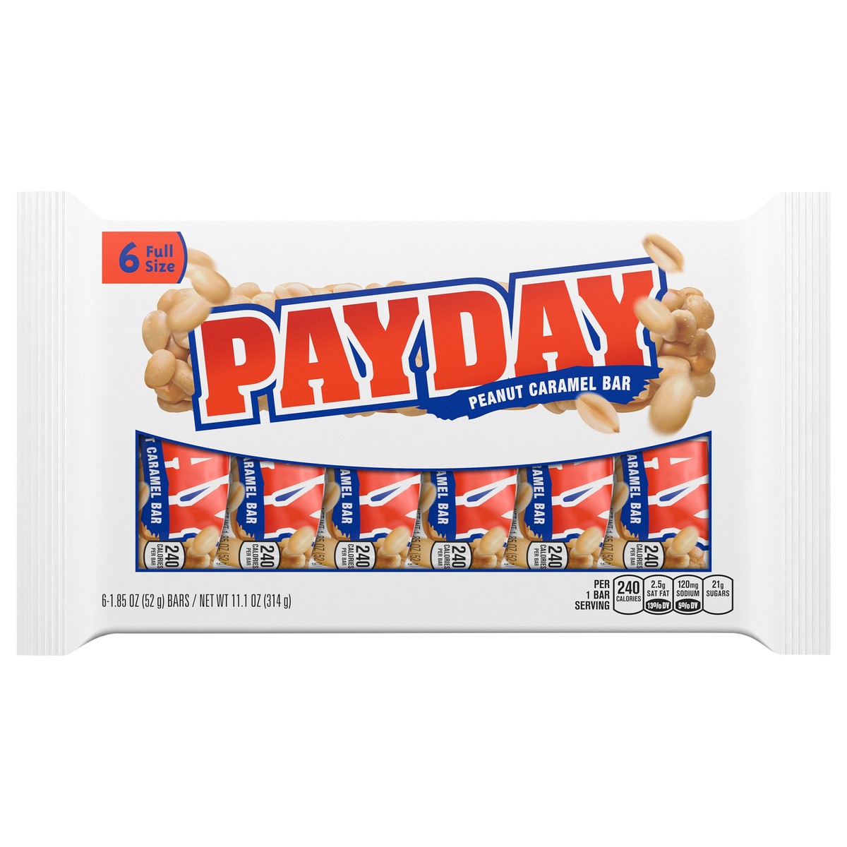 slide 1 of 7, Payday Peanut Caramel Candy Bars, 1.85 oz (6 Count), 6 ct