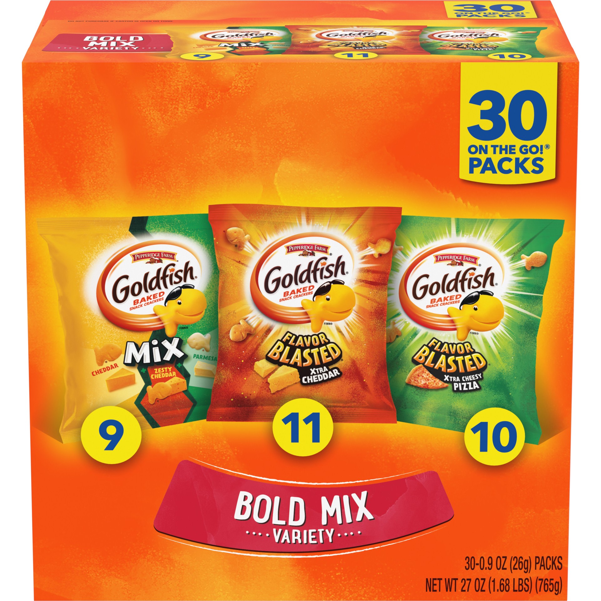 slide 1 of 7, Goldfish Bold Mix Variety Pack Snack Crackers, 1 oz Snack Packs, 30 Ct Box, 27 oz