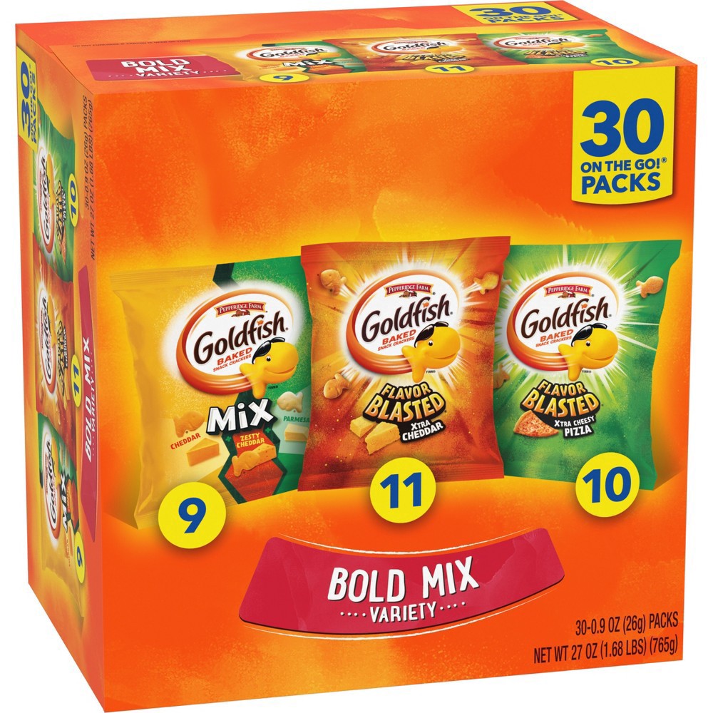 slide 3 of 7, Pepperidge Farm Goldfish Bold Mix Variety Pack Snack Crackers, 1 oz Snack Packs, 30 Ct Box, 27 oz