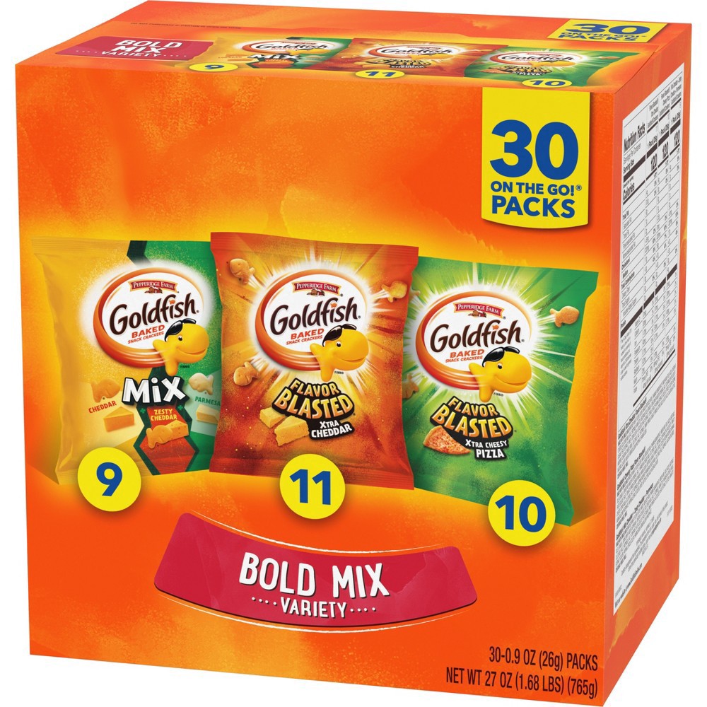 slide 7 of 7, Pepperidge Farm Goldfish Bold Mix Variety Pack Snack Crackers, 1 oz Snack Packs, 30 Ct Box, 27 oz