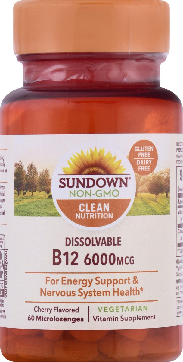 slide 1 of 9, Sundown Non-GMO Dissolvable 6000 mcg Microlozenges Cherry Flavored Vitamin B12 60 ea, 60 ct