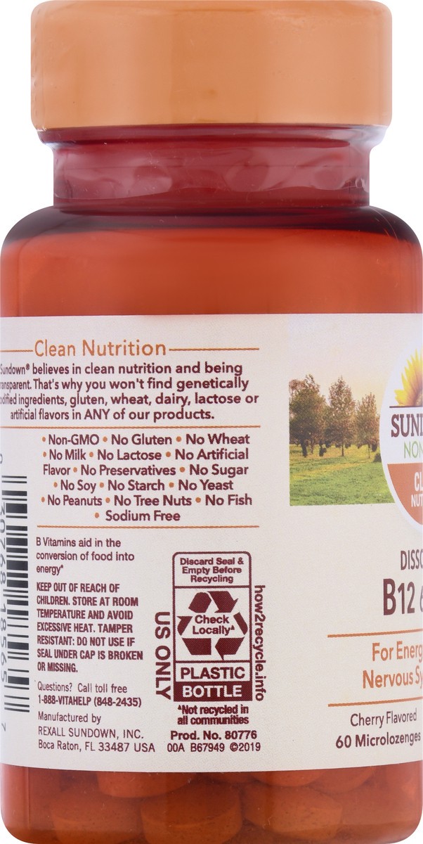 slide 2 of 9, Sundown Non-GMO Dissolvable 6000 mcg Microlozenges Cherry Flavored Vitamin B12 60 ea, 60 ct