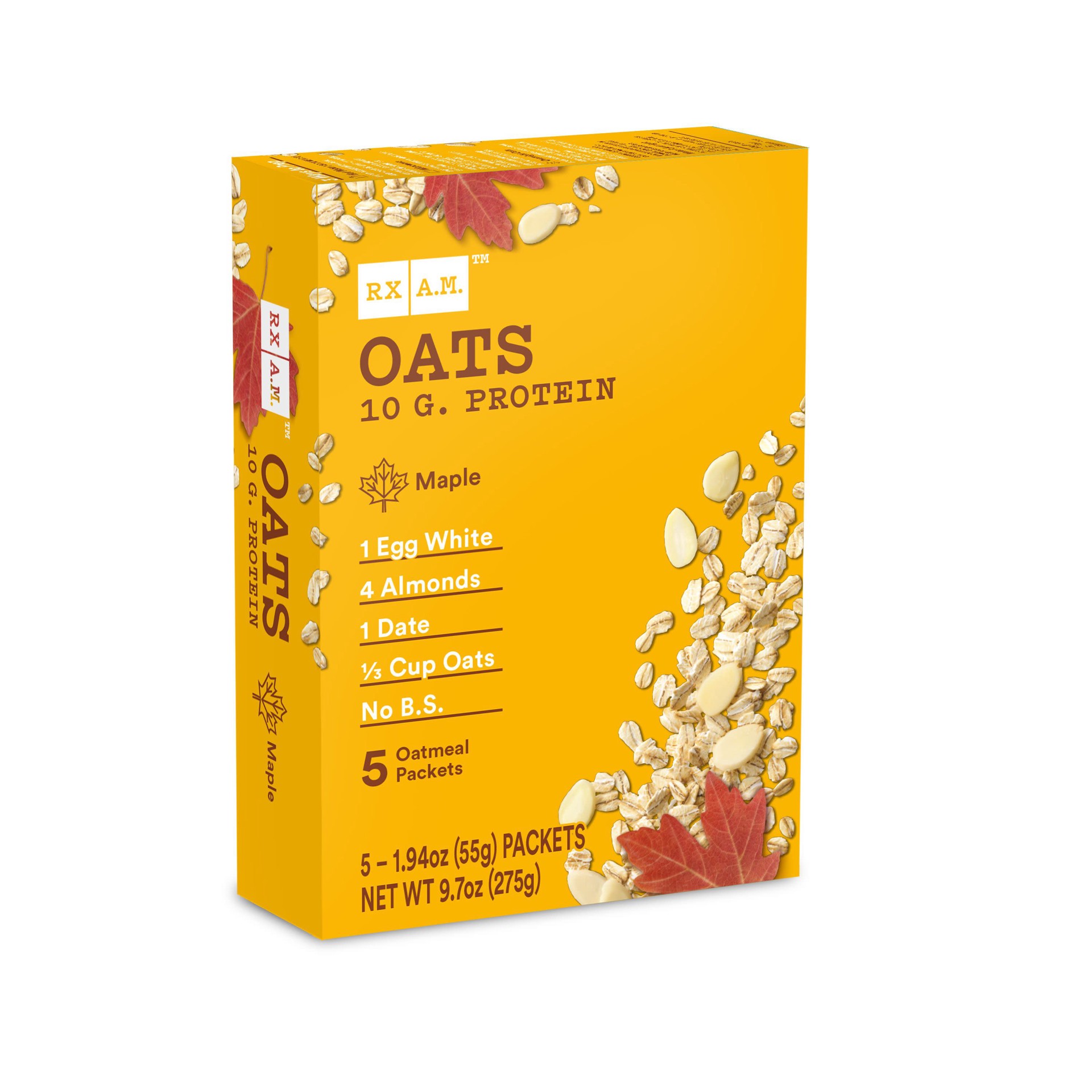 slide 1 of 2, RX A.M. Oats Oatmeal Packet, Maple, 10g Protein, 9.7oz Box, 5 Count, 9.7 oz