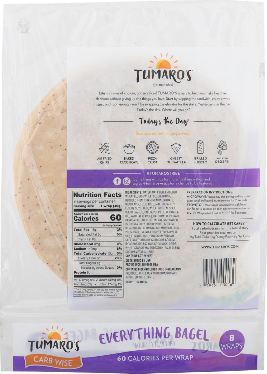 slide 4 of 12, Tumaro's Carb Wise Everything Bagel Wraps 8 ea, 8 ct