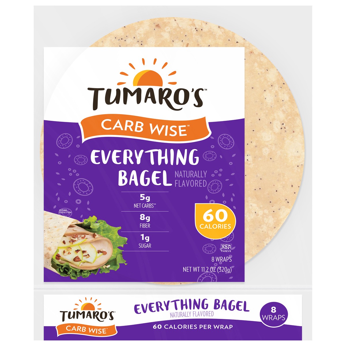 slide 1 of 12, Tumaro's Carb Wise Everything Bagel Wraps 8 ea, 8 ct