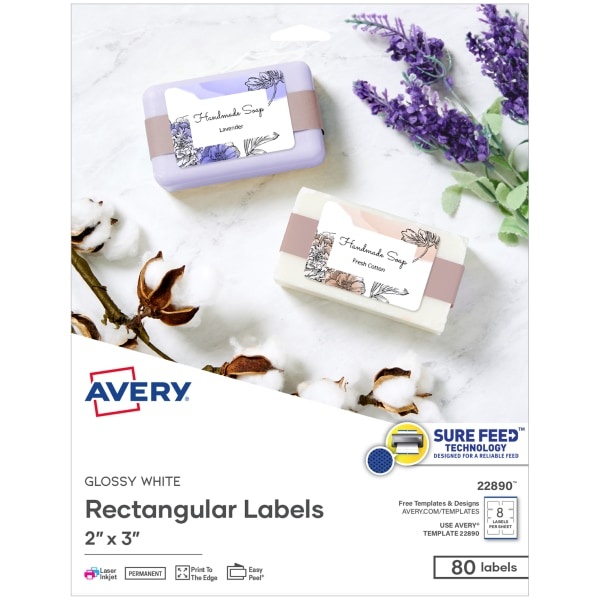 slide 1 of 1, Avery Print-To-The-Edge Labels, 22890, 2" X 3", Glossy White, 8 Labels Per Sheet, Pack Of 10 Sheets, 10 ct