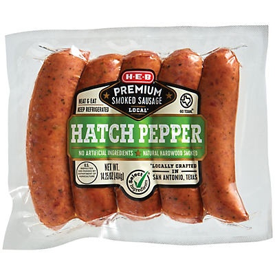 slide 1 of 1, H-E-B Hatch Chili Smoked Sausage, 11.4 oz