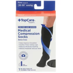 TopCare Firm Support Medical Black Closed-Toe Below Knee Compression Socks For Men And Women, Medium