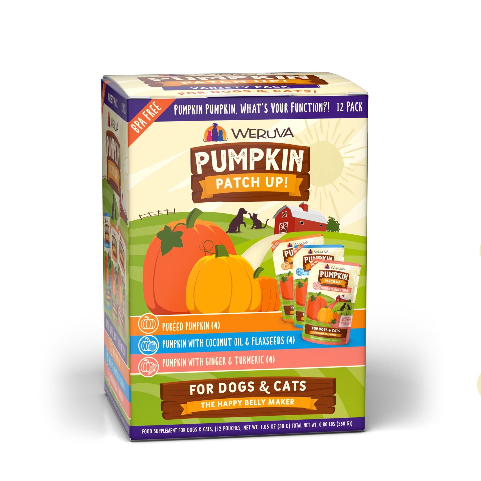 slide 1 of 1, Pumpkin Patch Up! Pureed Pumpkin, What's Your Function?! Variety Pack Food Supplement for Dogs and Cats, 12 ct; 1.05 oz