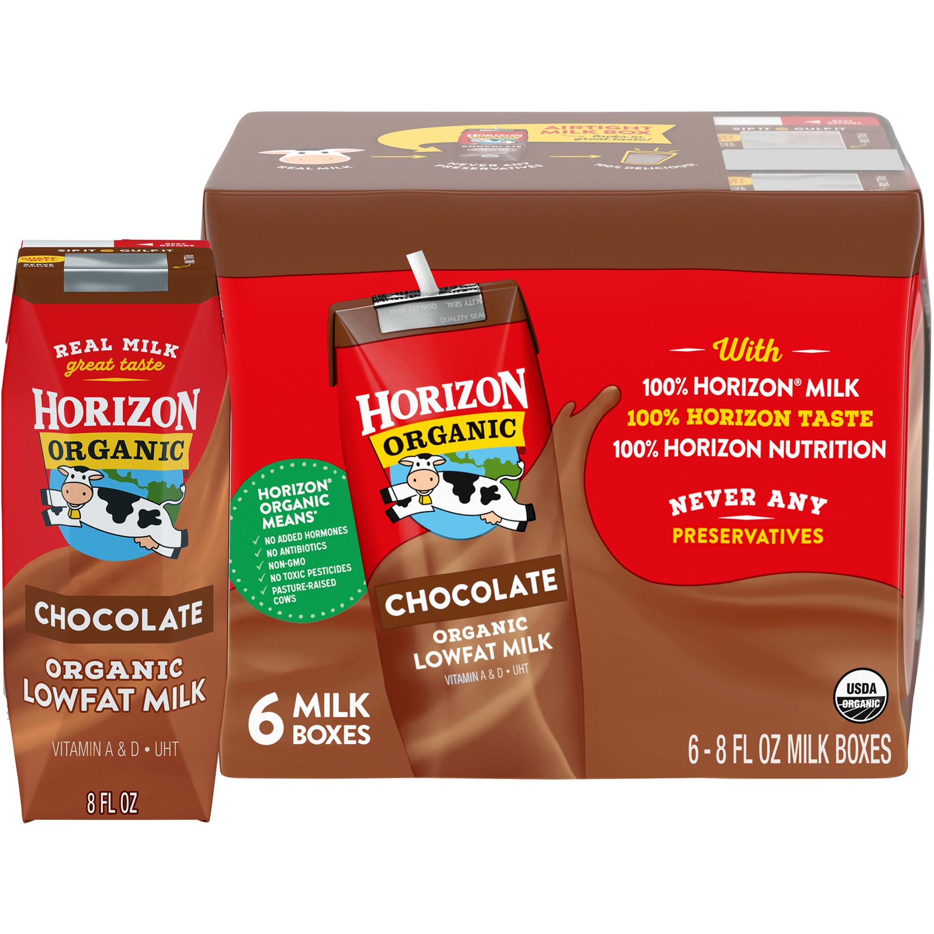 slide 1 of 9, Horizon Organic Shelf Stable 1% Lowfat Chocolate Milk Boxes, 8 fl oz, 6 Count, 48 fl oz