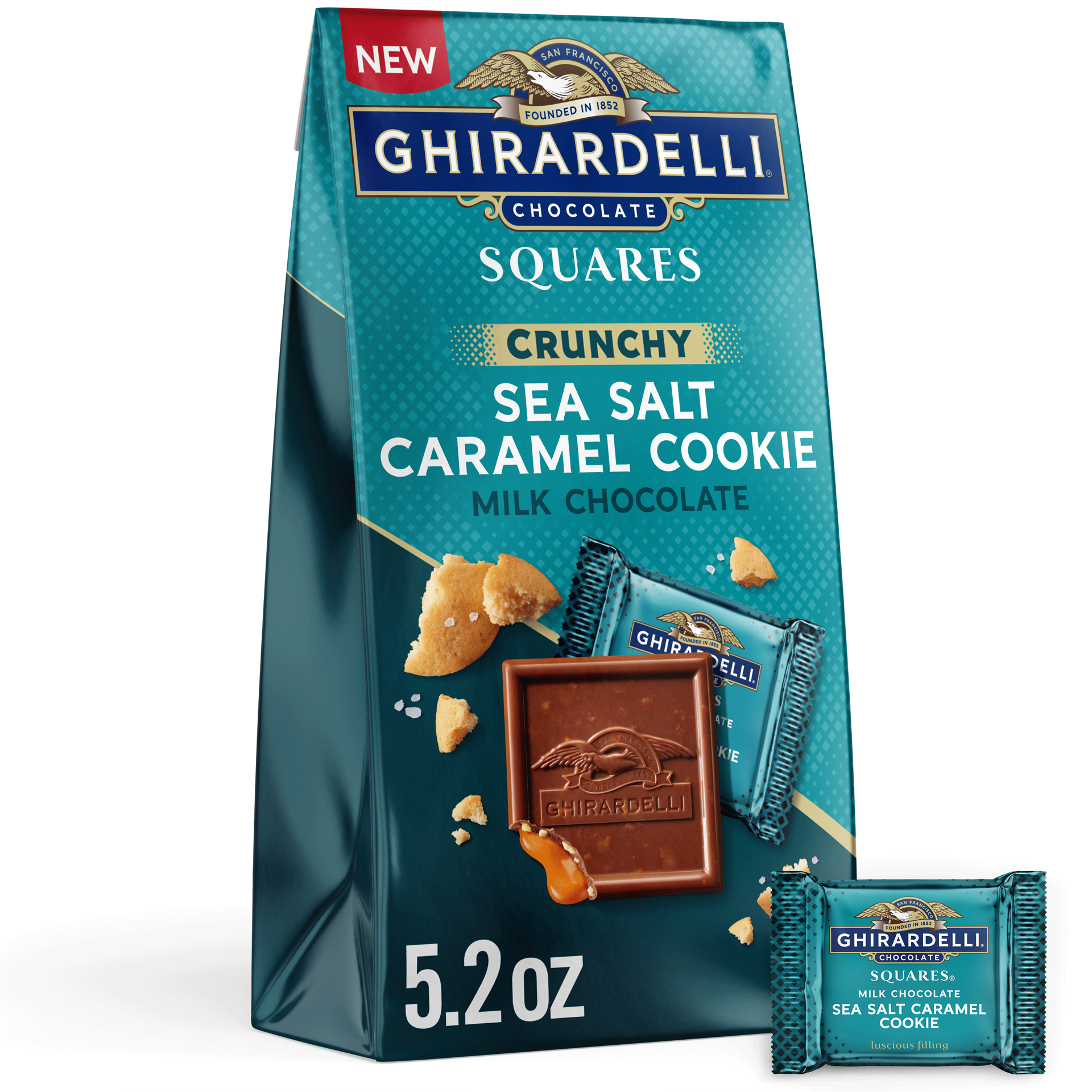 slide 1 of 8, GHIRARDELLI Milk Chocolate Sea Salt Caramel Cookie SQUARES, 5.2 oz Bag, 5.2 oz