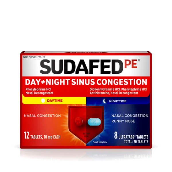 slide 1 of 9, Sudafed PE Sinus Congestion Day + Night Maximum Strength Decongestant & Antihistamine Tablets with Phenylephrine HCl & Diphenhydramine HCl, Helps Nasal & Sinus Pressure & Congestion, 20 ct, 20 ct