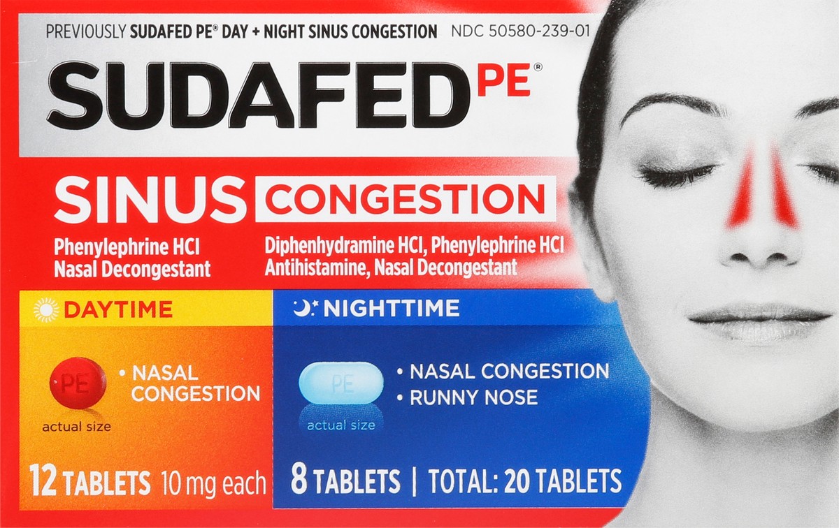 slide 9 of 9, Sudafed PE Day + Night Maximum Strength Sinus Decongestant Tablets - 20ct, 20 ct