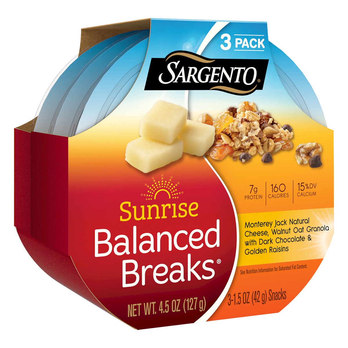 slide 2 of 9, Sargento 3 Pack Sunrise Monterey Jack, Walnut Oat Granola, Dark Chocolate, Golden Raisins Balanced Breaks 3 ea, 3 ct