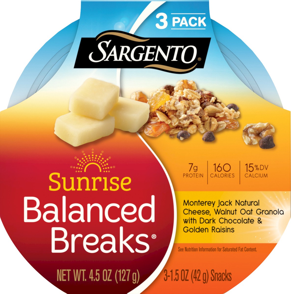 slide 8 of 9, Sargento 3 Pack Sunrise Monterey Jack, Walnut Oat Granola, Dark Chocolate, Golden Raisins Balanced Breaks 3 ea, 3 ct