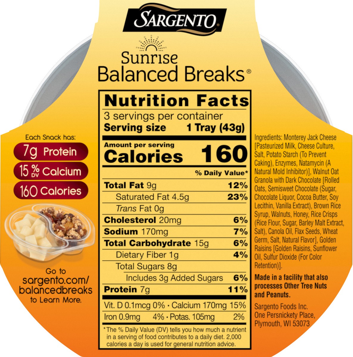 slide 9 of 9, Sargento 3 Pack Sunrise Monterey Jack, Walnut Oat Granola, Dark Chocolate, Golden Raisins Balanced Breaks 3 ea, 3 ct