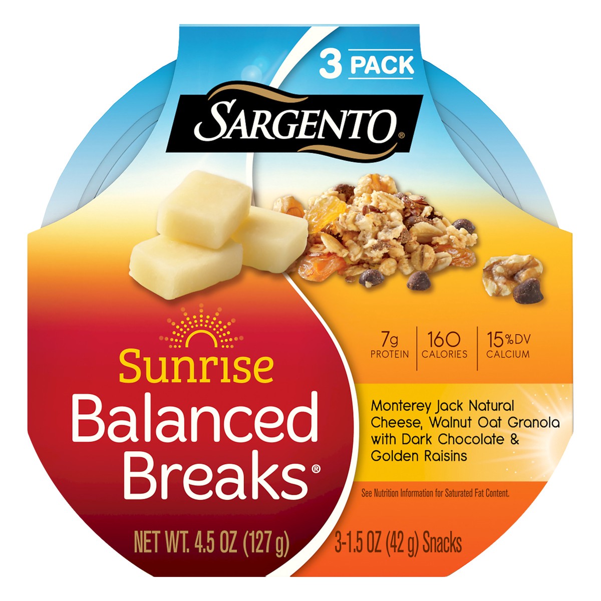 slide 1 of 9, Sargento 3 Pack Sunrise Monterey Jack, Walnut Oat Granola, Dark Chocolate, Golden Raisins Balanced Breaks 3 ea, 3 ct