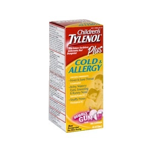 slide 1 of 1, Tylenol Children's Cold & Allergy Plus Oral Suspension Bubble Gum Flavor, 4 oz