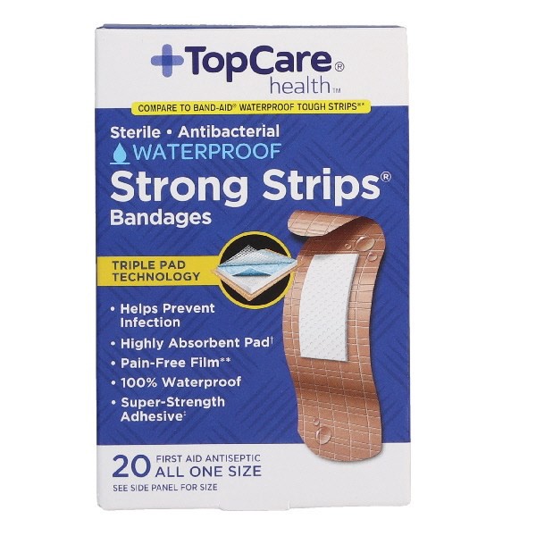 slide 1 of 1, TopCare Waterproof Strong Strips Bandages, All One Size, 20 ct